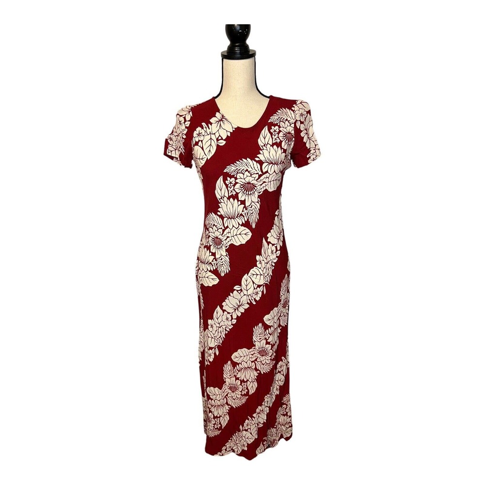 Hilo Hattie Red Dress Vintage Maxi Short Sleeve Floral Tropical Aloha Hawaii XS - Picture 1 of 5